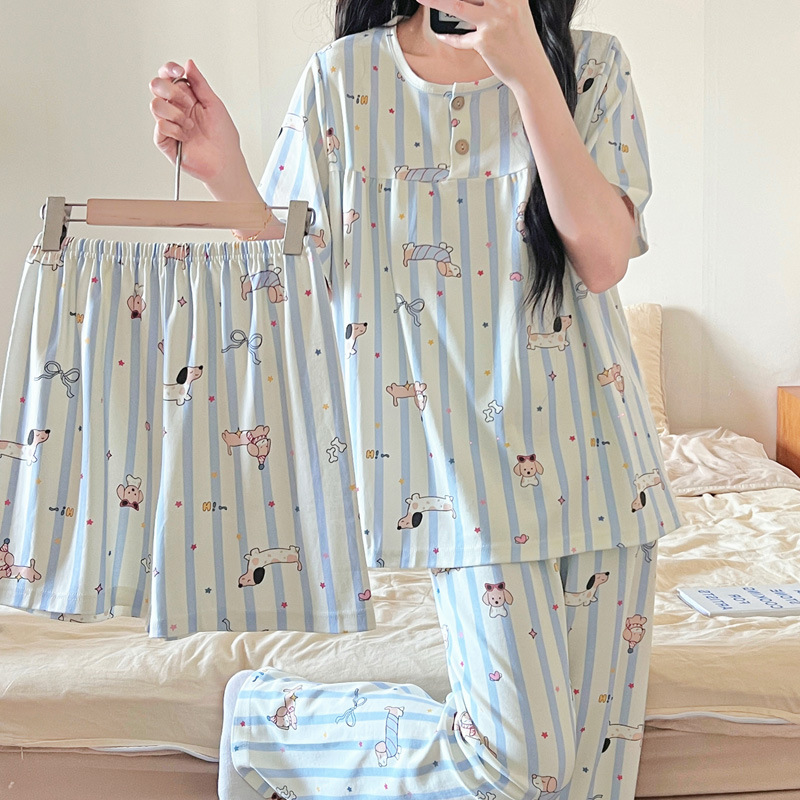 Internet Popular Pajamas Girl's Spring and Summer New Imitation Cotton Striped Cartoon Loose Short-sleeved Three-piece Home Wear Outfit