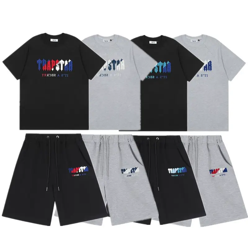 Summer Trapstar Gradient Letters White and Blue Towel Embroidered Short-Sleeved T-Shirt Shorts Male Couple Casual Suit Ins