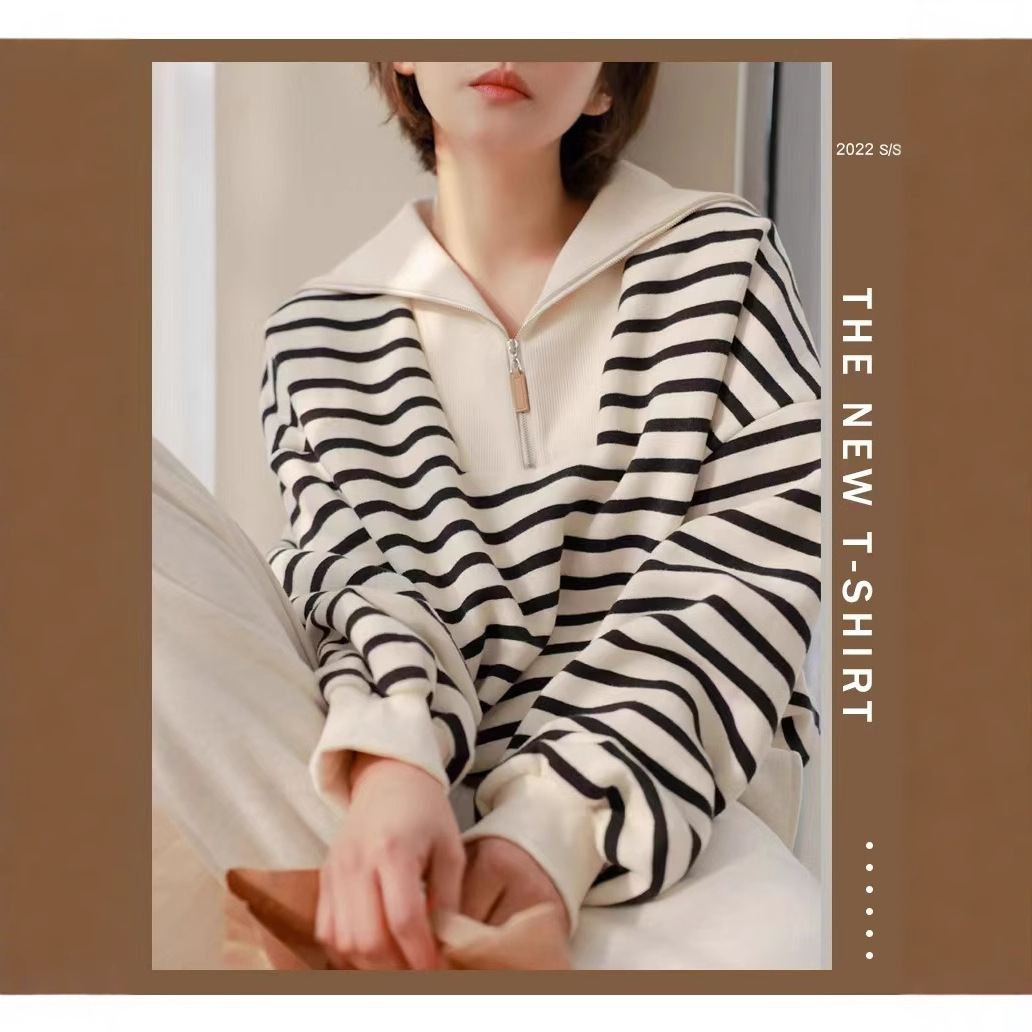 2026 Spring and Autumn New Style Navy Collar Casual Sweatshirt for Women, Striped Shirt, Plus Size, Unique Design, Long Sleeve T-Shirt Top