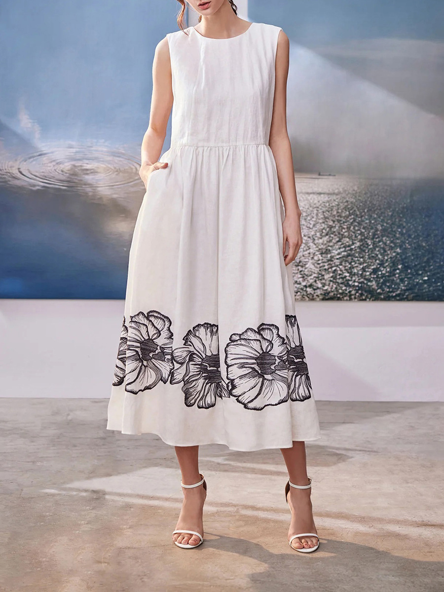 Fashionable and Simple Casual Style Long Dress 2026 Summer New Round Neck Sleeveless Embroidered Floral Waist-Cinching Dress for Women