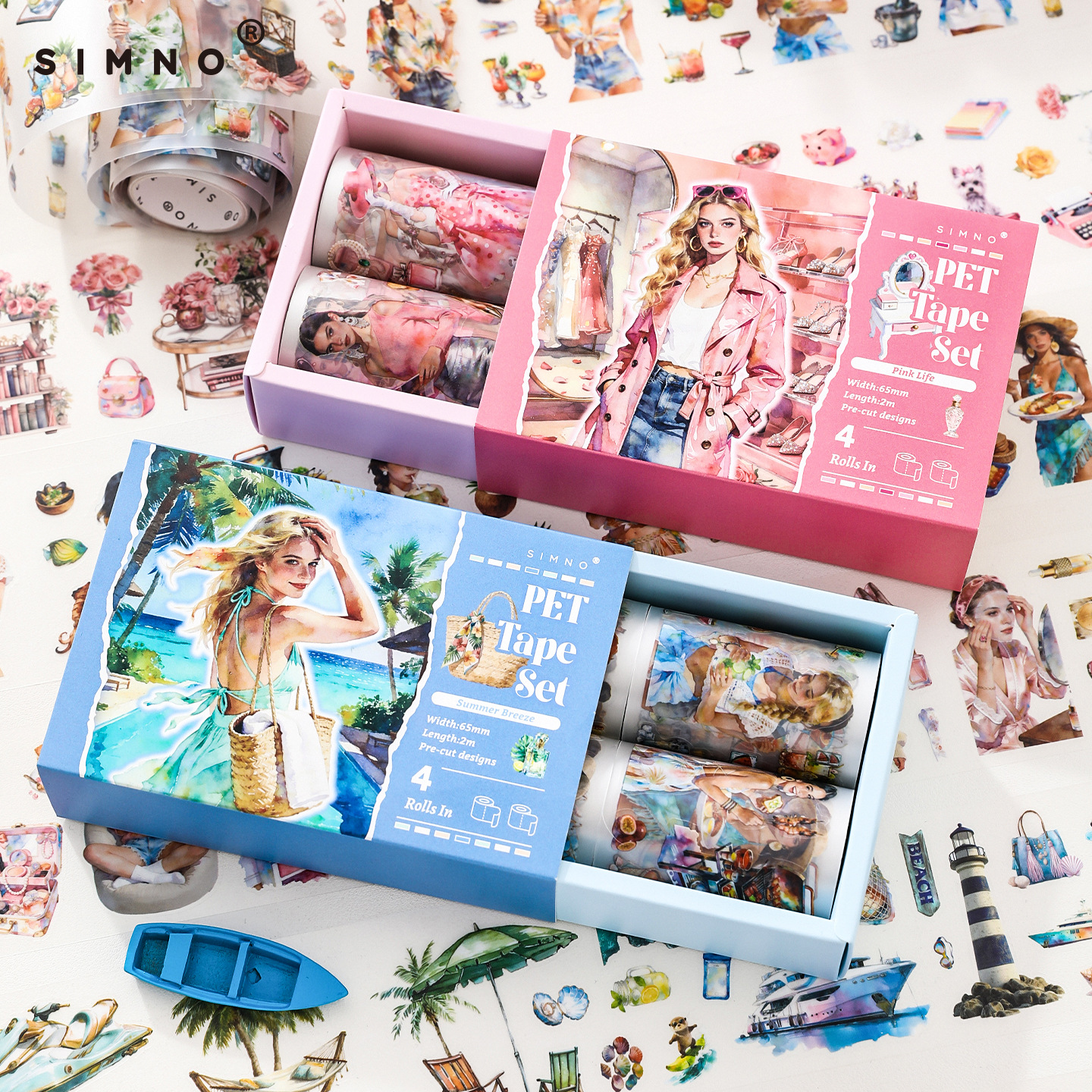 Xinmo Pet Tape Set Series Cross-Border Retro American Summer Theme Journal Material 4 Rolls in 2 Styles