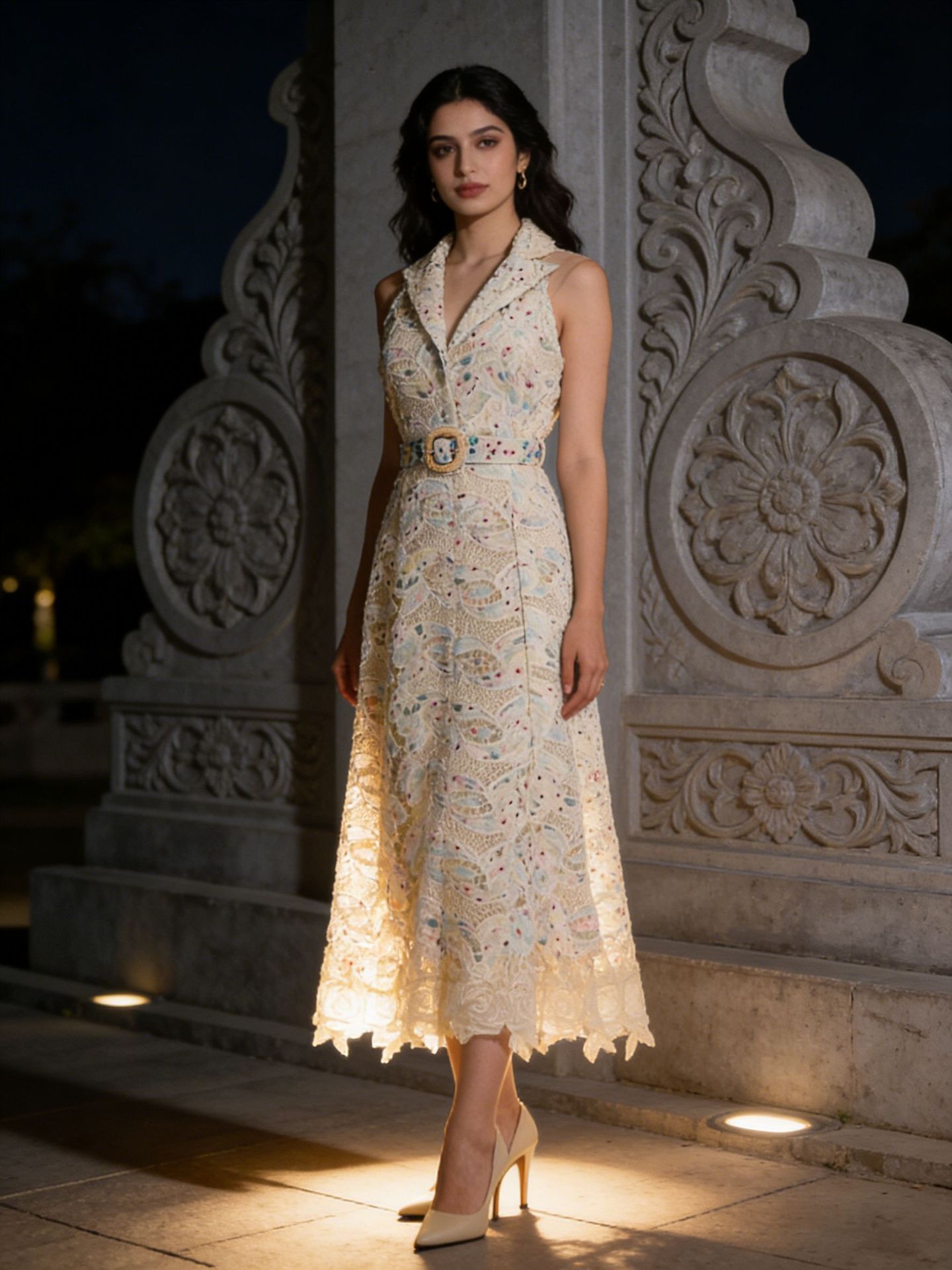 Monet Water Lily Oil Painting Color Series Lapel Sleeveless Belt Long Dress 2026 Summer New Lace Hollow Dress for Women