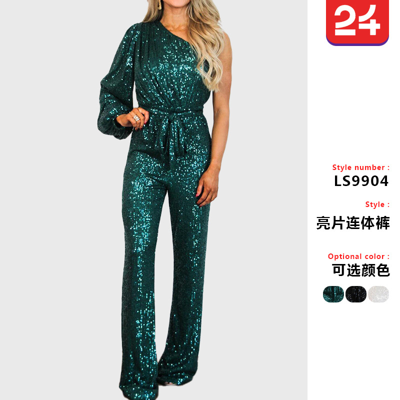 Cross-border European and American new independent station fashion sequined one-shoulder lace-up hot selling women's elegant party jumpsuit