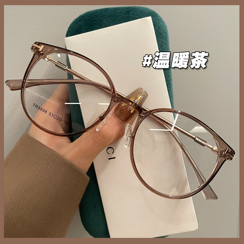New ultra-light TR90 glasses frame fashion simple cold brown men's and women's round frame flat mirror plain transparent myopia frame