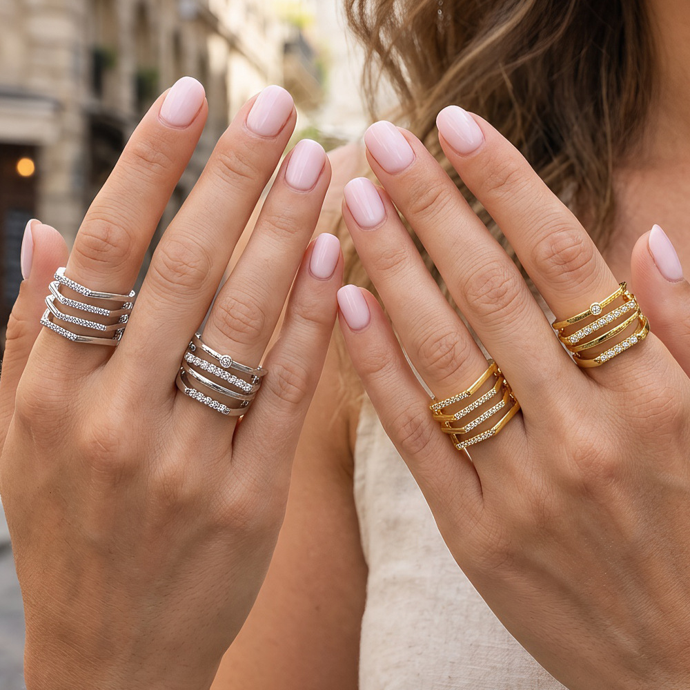 Ring Women's Niche High-grade Light Luxury Copper Plated 18K Gold White Zirconium Geometric Shape Open Multi-layer Line Terms Finger Ring
