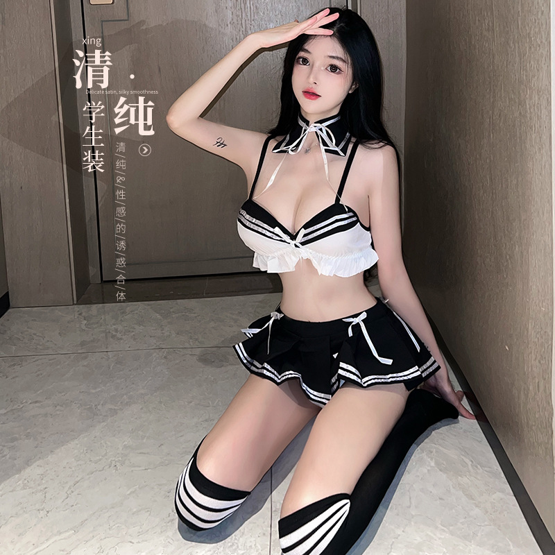 Sexy Lingerie, Sexy Pure Desire Student Wear, Waist-Revealing Temptation, Ultra-Short Pleated Skirt Uniform Suit 2546