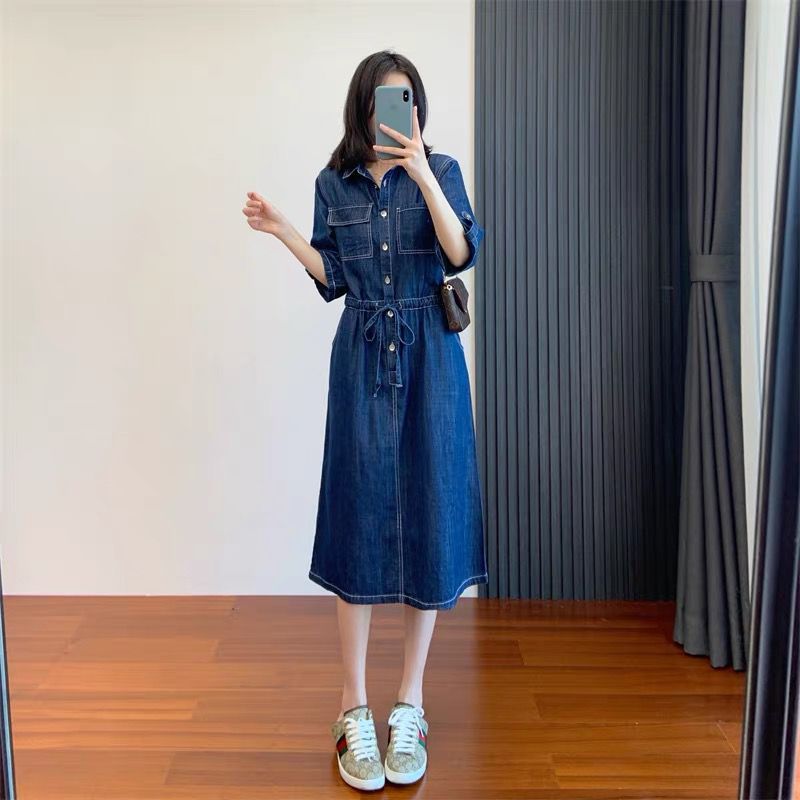 retro american denim blue! Small Lapel Design Drawstring Waistline Clear and Comfortable Denim Cotton Mid-length Dress for Women