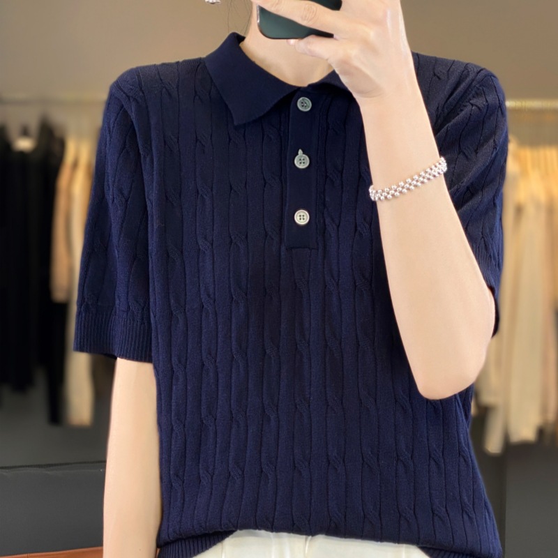 Classic Twist Polo Collar 2025 Spring Pullover Short-Sleeved Knitwear