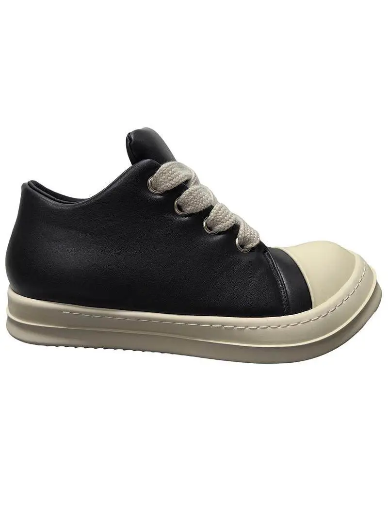 2024 New RO Shoes Low cut Fat Ding Bread Men's Shoes Coarse Lace Leather Thick Bottom Height Increasing American Board Shoes Trendy Shoes