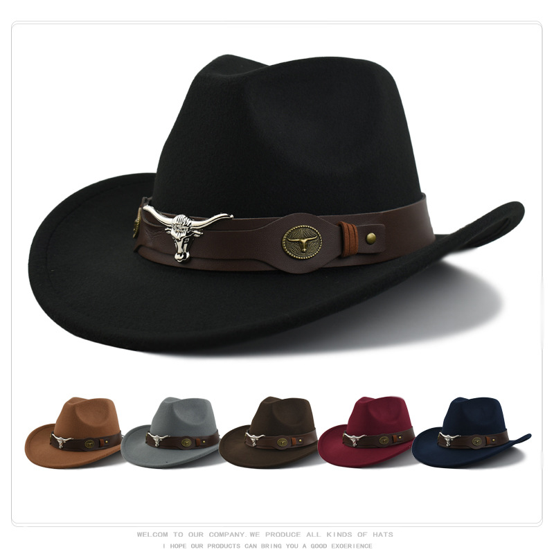 Cross-Border Hot-Selling Hat Men's Ethnic Style Cow Logo Western Cowboy Hat Rolled Brim Retro Riding Hat Woolen Felt Hat