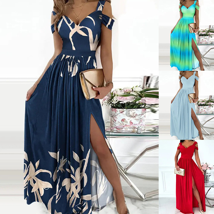 2026 Amazon's Best-Selling European and American Style Long Dress with Floral Print, V-Neck, Elegant, Sleeveless, Sexy Slit Dress