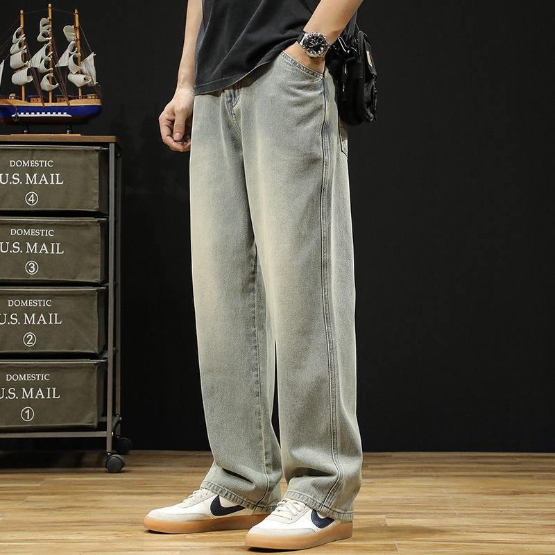 5300 # Plus Size Men's Autum New Hong Kong Style Micro-Flared Wide-Leg Pants, Loose and Versatile, Light and Breathable Denim Trousers