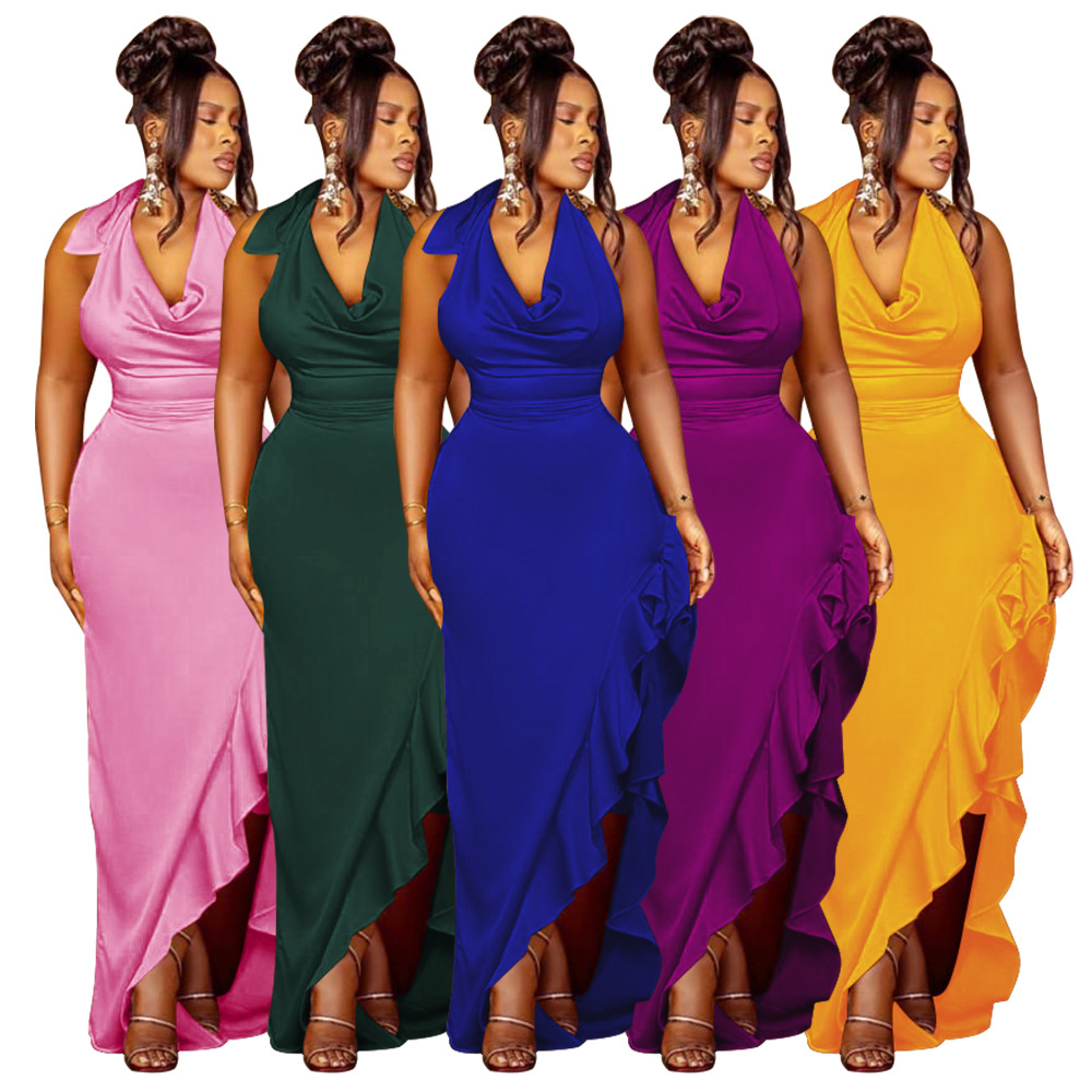 K10440 Europe and the United States cross-border women's clothing AliExpress explosion swing collar hanging neck dress sexy backless ruffled dress