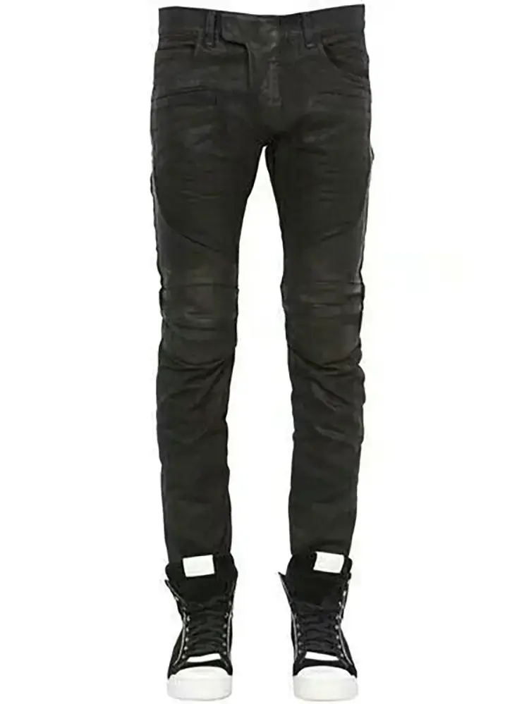Korean Style New Fashion Coated Waxed Glossy Slim Fit Skinny Knee Pleated Punk Biker Stretch Jeans for Men