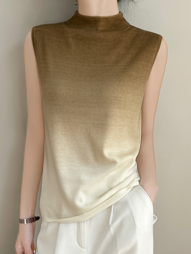 Extremely fine worsted semi-high collar sleeveless sweater vest women's T-shirt spring and autumn gradient hanging dye suit with base