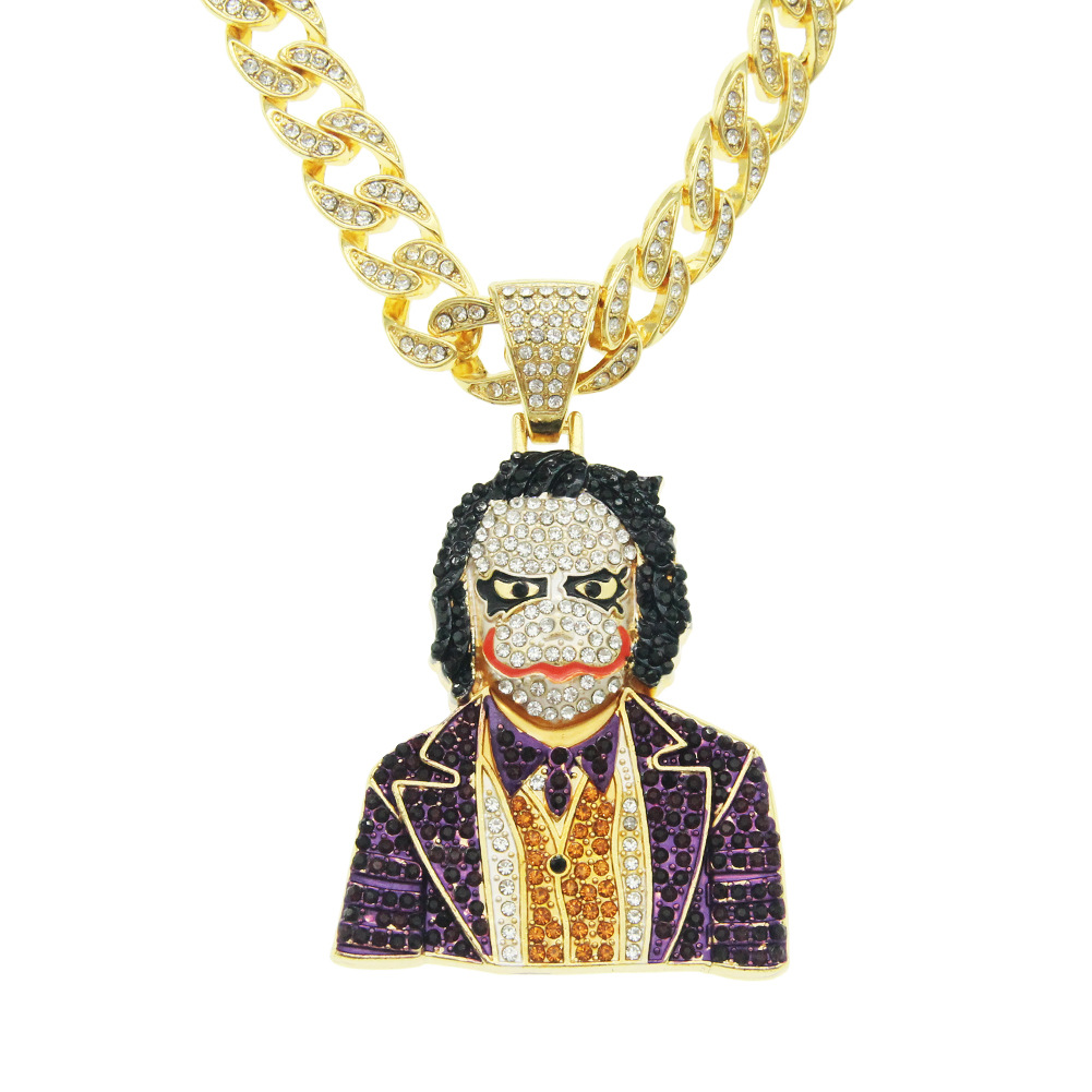 European and American hip-hop cosplay three-dimensional diamond-encrusted clown pendant necklace trendy men's street dance nightclub Cuban chain