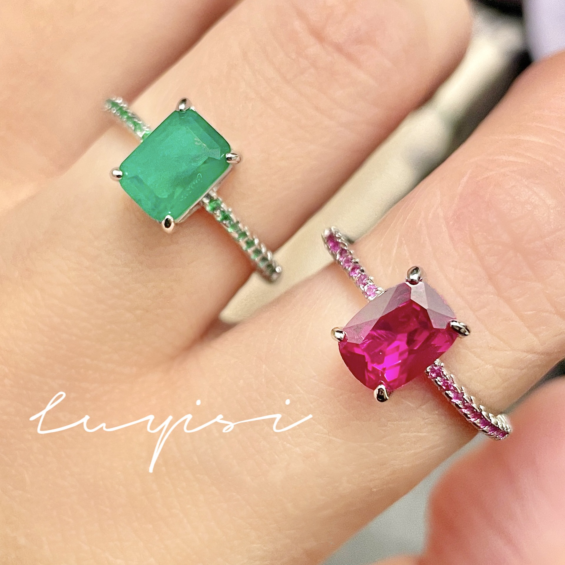Light Luxury High-end Sense Simple Simulation Emerald Ring Inlaid with High Carbon Diamond Long Square Red Corundum Gradient Elegant Women's Ring