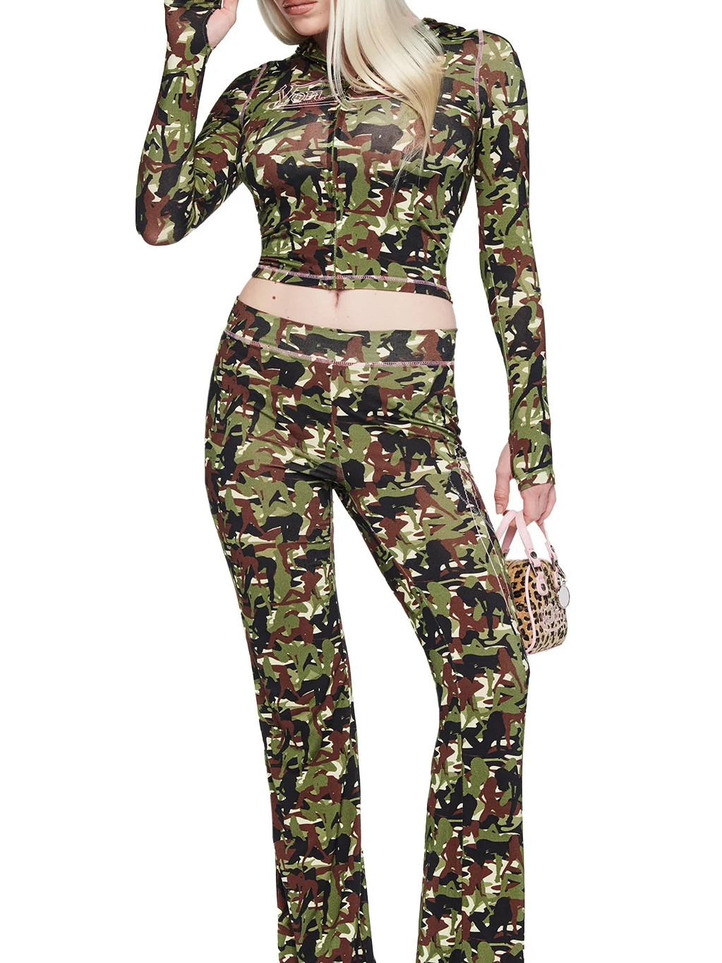 Iamgia Slim-Fit Letter Print Top with Visible Stitching Design, Slim-Fit Hooded Zip-Up Short Jacket and Pants Set