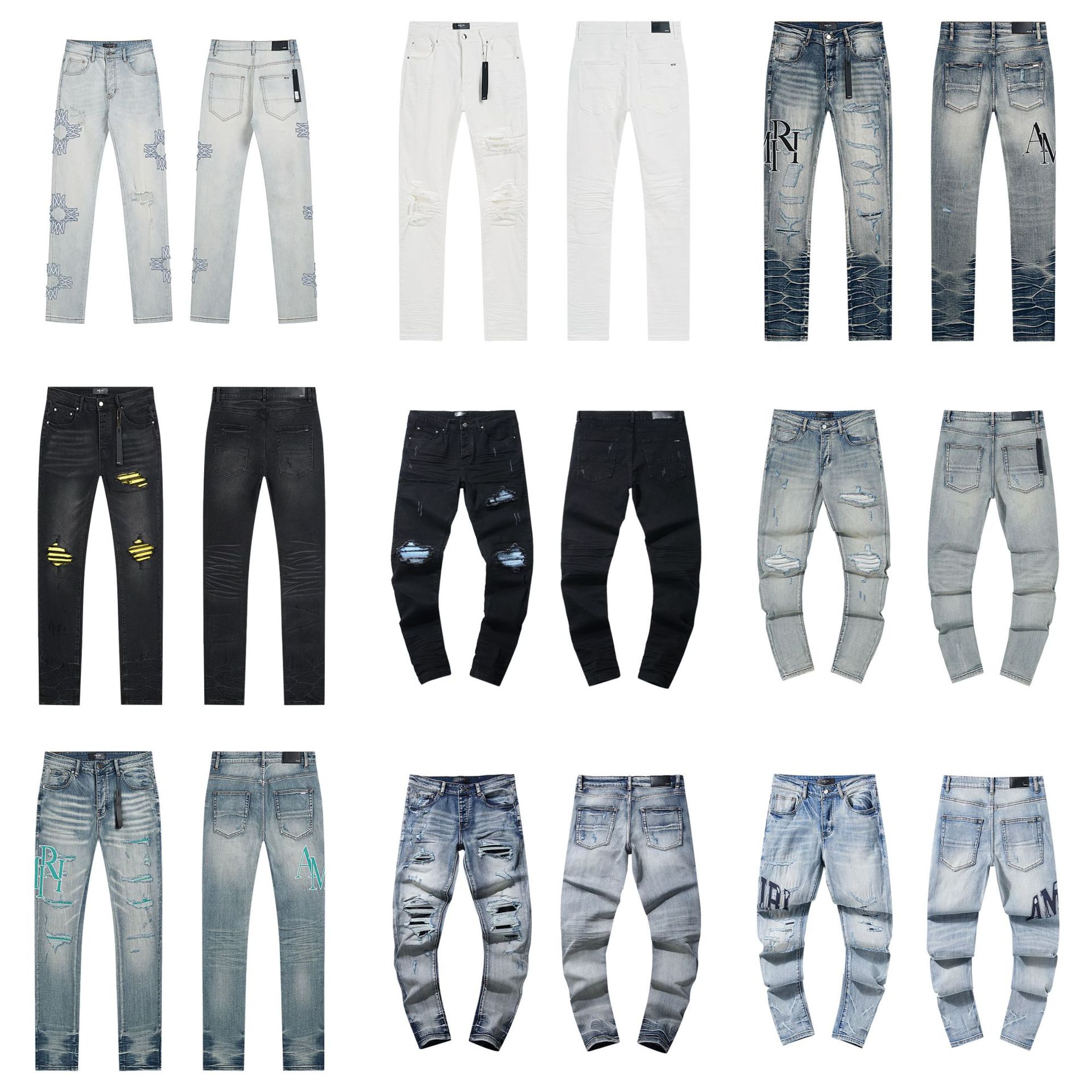 Cross-Border Trendy Brand Am Jeans, Washed and Distressed, Vintage Ripped, Splatter Paint, American Heavy-Duty Style, Versatile for Men