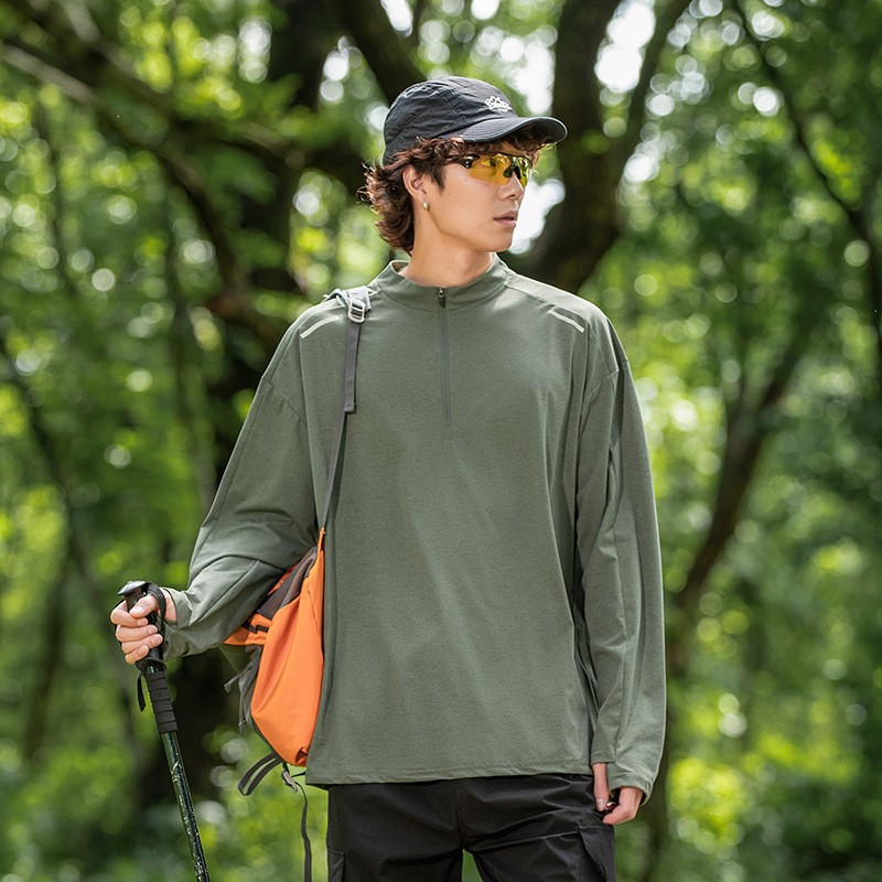 Mountain-Style Outdoor Sun-Protective Moisture-Wicking Quick-Dry Long-Sleeve T-Shirt for Men, Spring and Summer Thin Training Wear with Stand-Up Collar and Half-Zip Sports Shirt