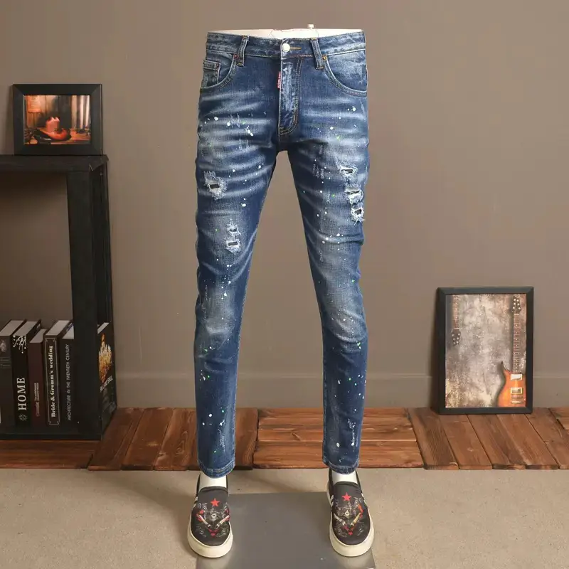Foreign trade hole men's jeans elastic Slim Korean version of the trend of spray-painted heavy wash high-end patches small leg pants
