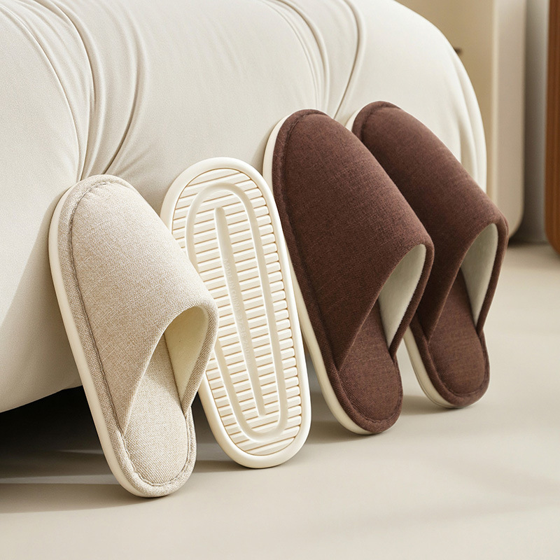 Japanese-Style Cotton Slippers for Women, Indoor Home Use, Winter, Wooden Floor, Thick-Soled, Silent, Autumn and Winter, Closed-Toe Slippers for Women