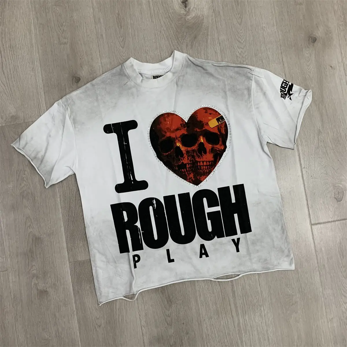 Roughplay Love T-Shirt American Street Fashion Brand Washed and Distressed Loose Rhinestone Short-Sleeve T-Shirt Summer