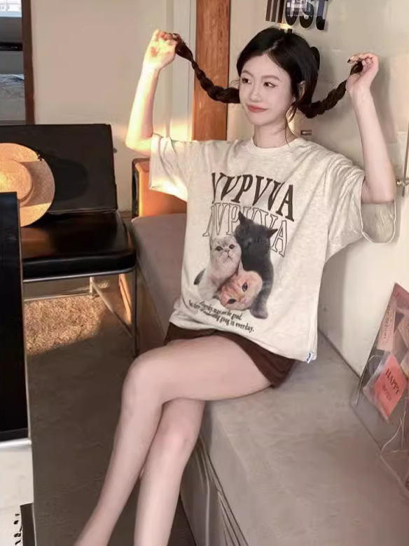 American Style Retro Pure Cotton Short-sleeved T-shirt Women's Summer New Cute Cartoon Shoulder Half-sleeved T-shirt Ins Casual All-match