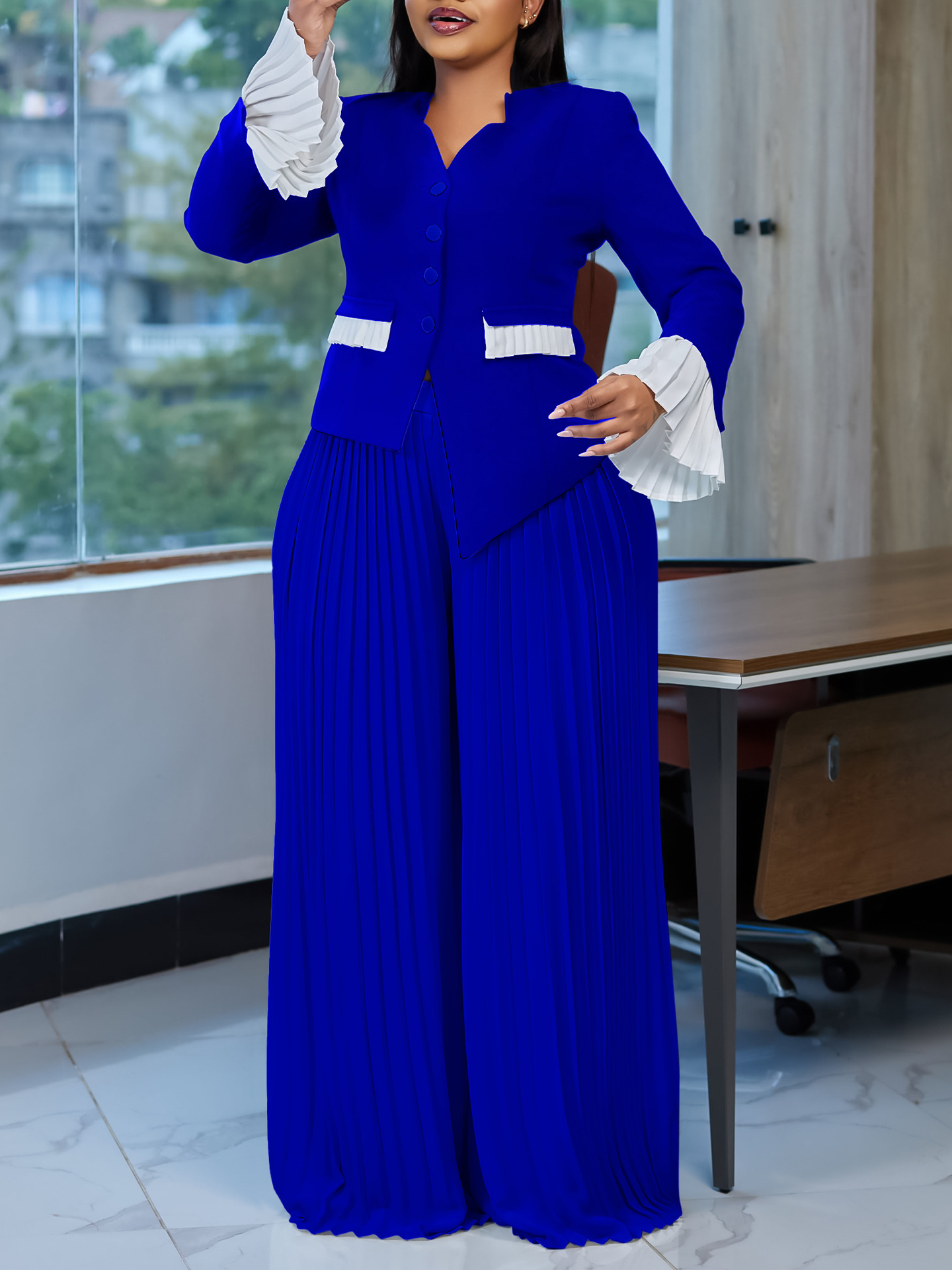 D3328 Amazon Plus Size Fashion Women's Bell Sleeve Top Pleated Wide Leg Pants Suit Color Matching Foreign Trade Two-Piece Set