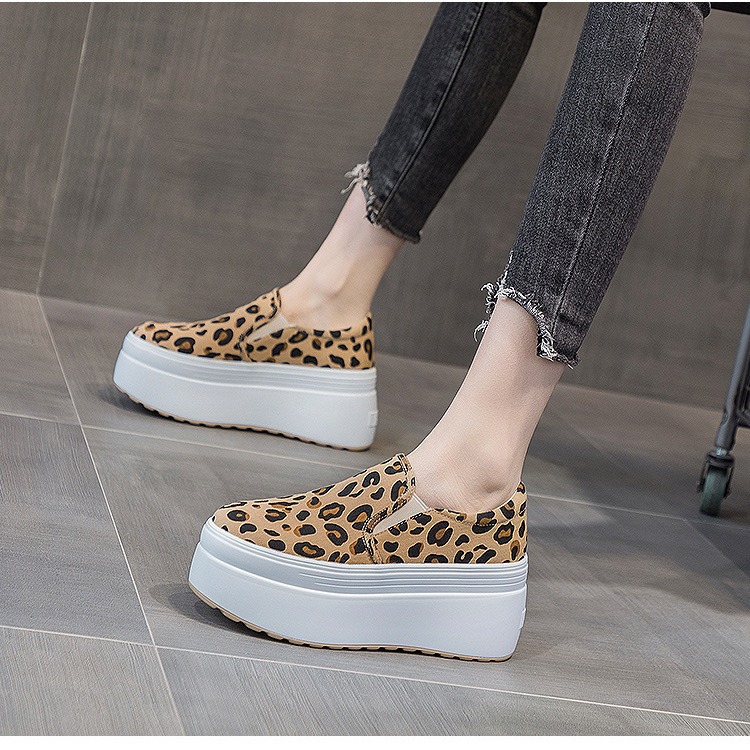 Canvas Shoes for Women 2026 Spring New Thick-Soled Height-Increasing Leopard Print Checkerboard Loafers Slip-On Shoes