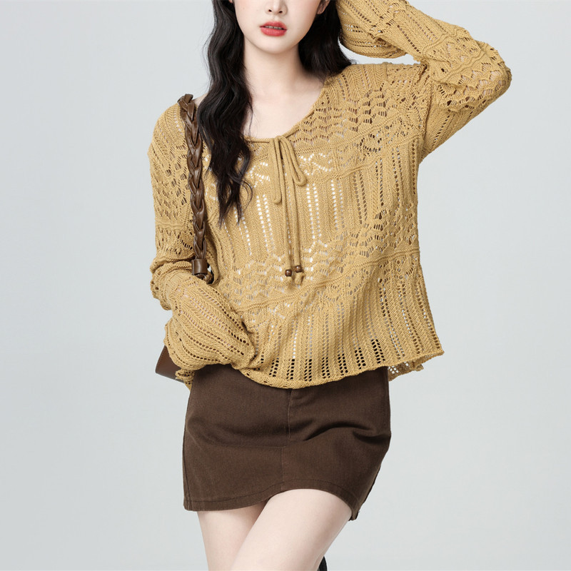 Fashionable Hollow-Out Crochet Knit Top for Women 2026 Spring and Autumn New Style Bow Tie V-Neck Cover-Up Thin Sun Protection Shirt