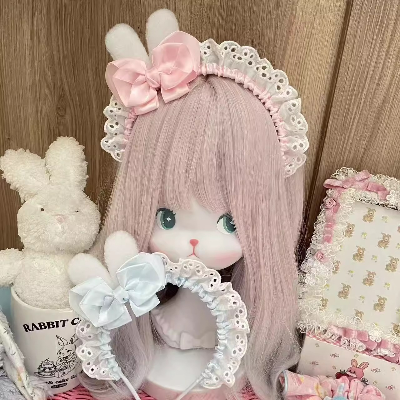New Japanese Style Lolita Pink Blue Bow Bunny Ears Satin Lace Headband Female Lolita Accessories