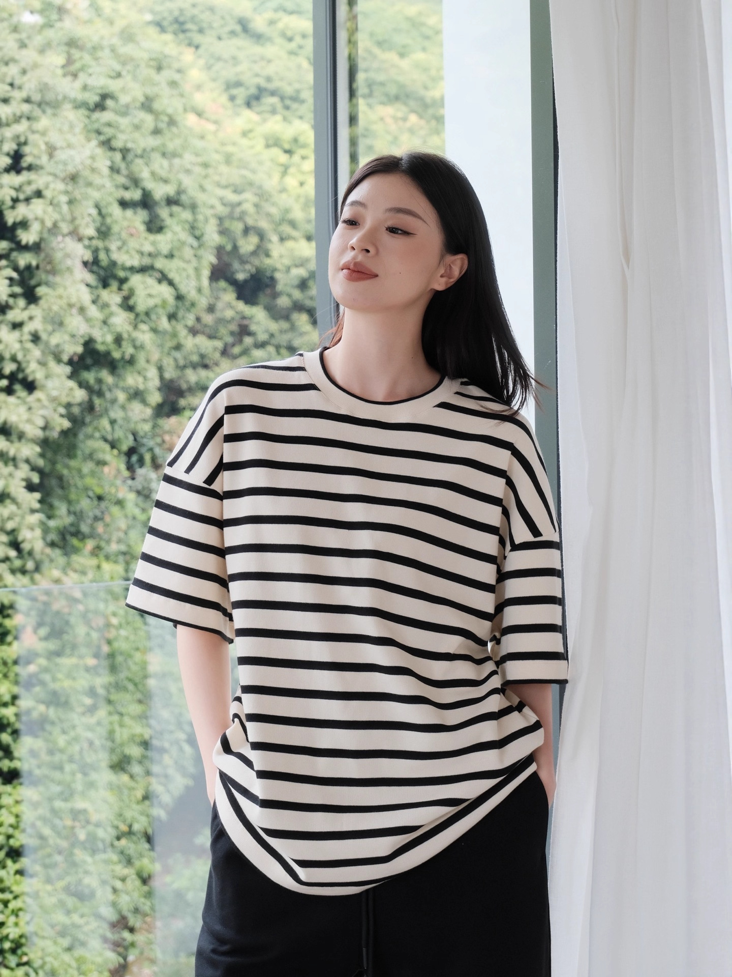 Warren Hai Long |   Black Label Series Unisex Js Classic Striped Fabric E-Commerce Live Broadcast Round Neck Short Sleeve T-Shirt