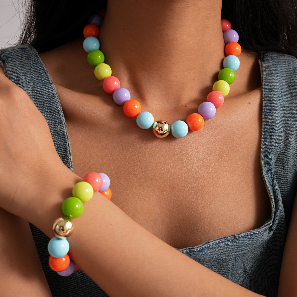 Colorful Dopamine European and American Acrylic Round Beaded Necklace, Simple and Fashionable Clavicle Chain, Niche High-End Accessory