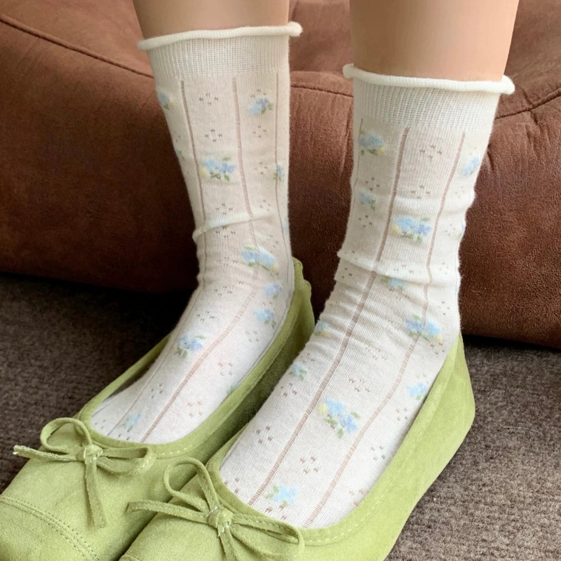 Heart-Shaped Hollow-Out Bowknot Stacked Socks for Women, Lightweight and Breathable Mid-Calf Socks with Sweet Floral Jk Lolita Style