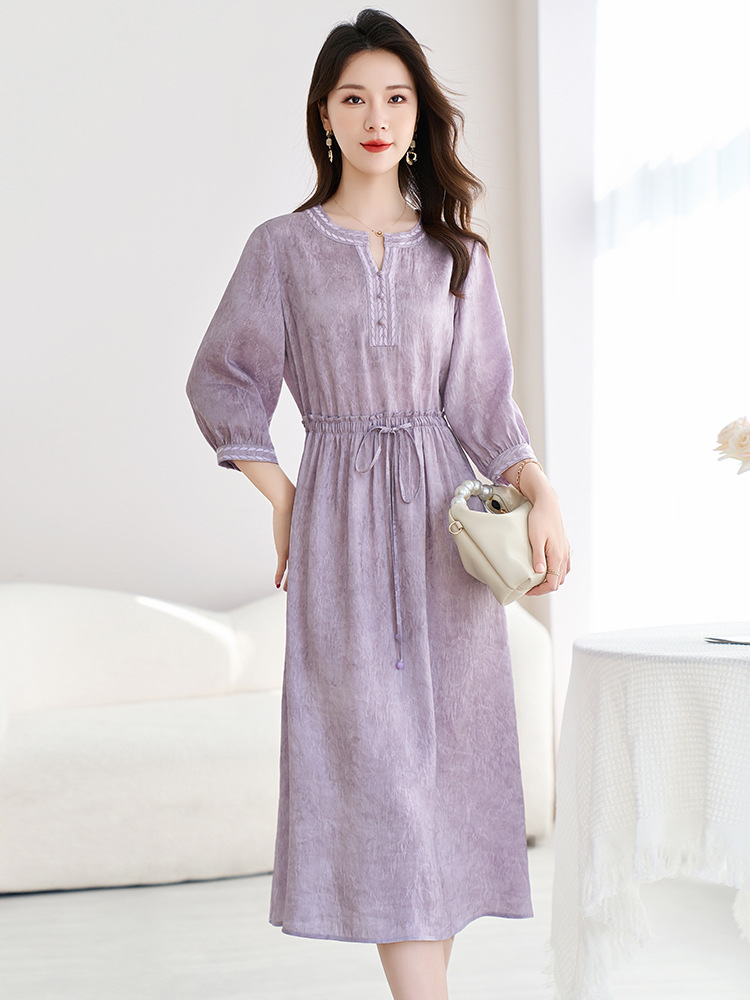 Heavy Embroidery Silk Dress for Women 2026 New Summer Style with Tie Waist, High-End Elegant Mulberry Silk Mid-Length Dress