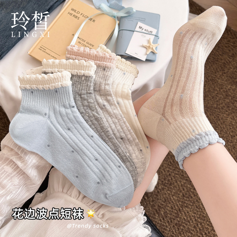 Lace Polka Dot Short Socks for Spring and Summer, Women's Hollow Mesh Breathable Socks, Student Short Socks, Wholesale from Zhuji Sock Industry