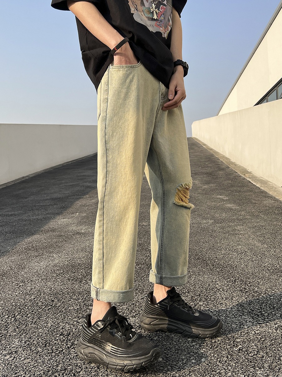 Straight-Leg Jeans for Men, New Summer Design, Casual and Versatile Ripped Jeans, Straight-Leg Plus Size Student Trendy Pants