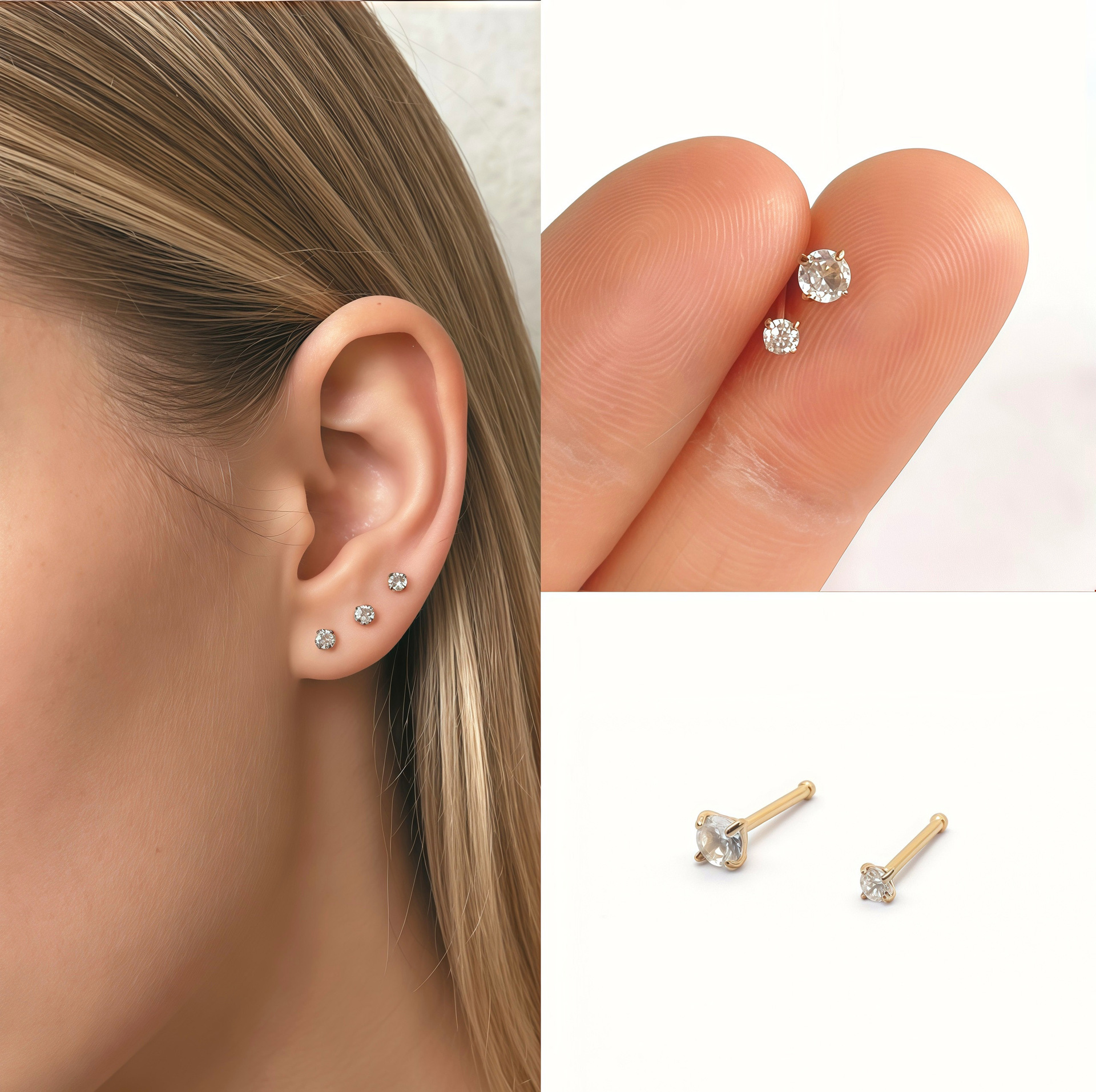 New Arrivals: Fashionable European and American Stainless Steel Zircon Nose Studs, Round Straight Bar Ear Studs, Nose Jewelry, and Other Piercing Accessories