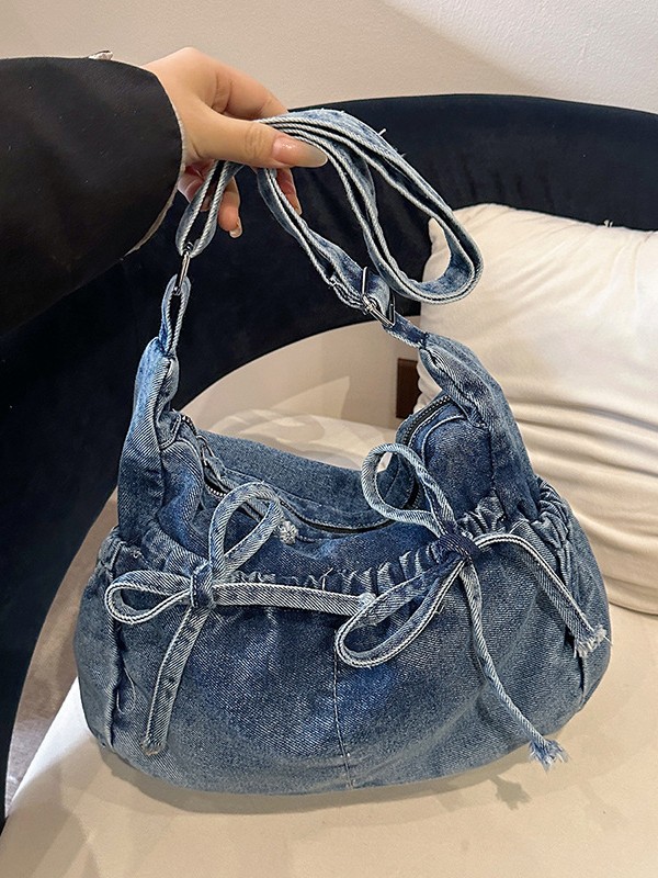 Vintage Versatile Washed Denim Bag for Women, Spring Lightweight Casual Bucket Bag, Fresh Style Single Shoulder Crossbody Bag, Trendy