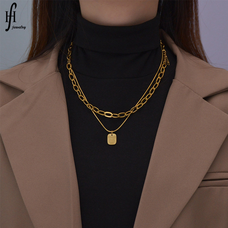 European and American Retro Personalized Double-layer Necklace Cyber Celebrity Trendy Alphabet Hangtag Necklace Elegant Niche ins Style Sweat Chain