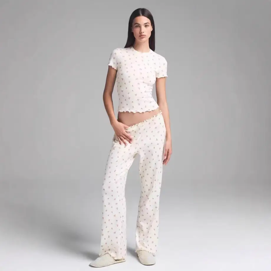 Skims Kardashian Same Style Fashion sexy Logo Pointelle Valentine's Day Floral Cut Out Cotton Suit