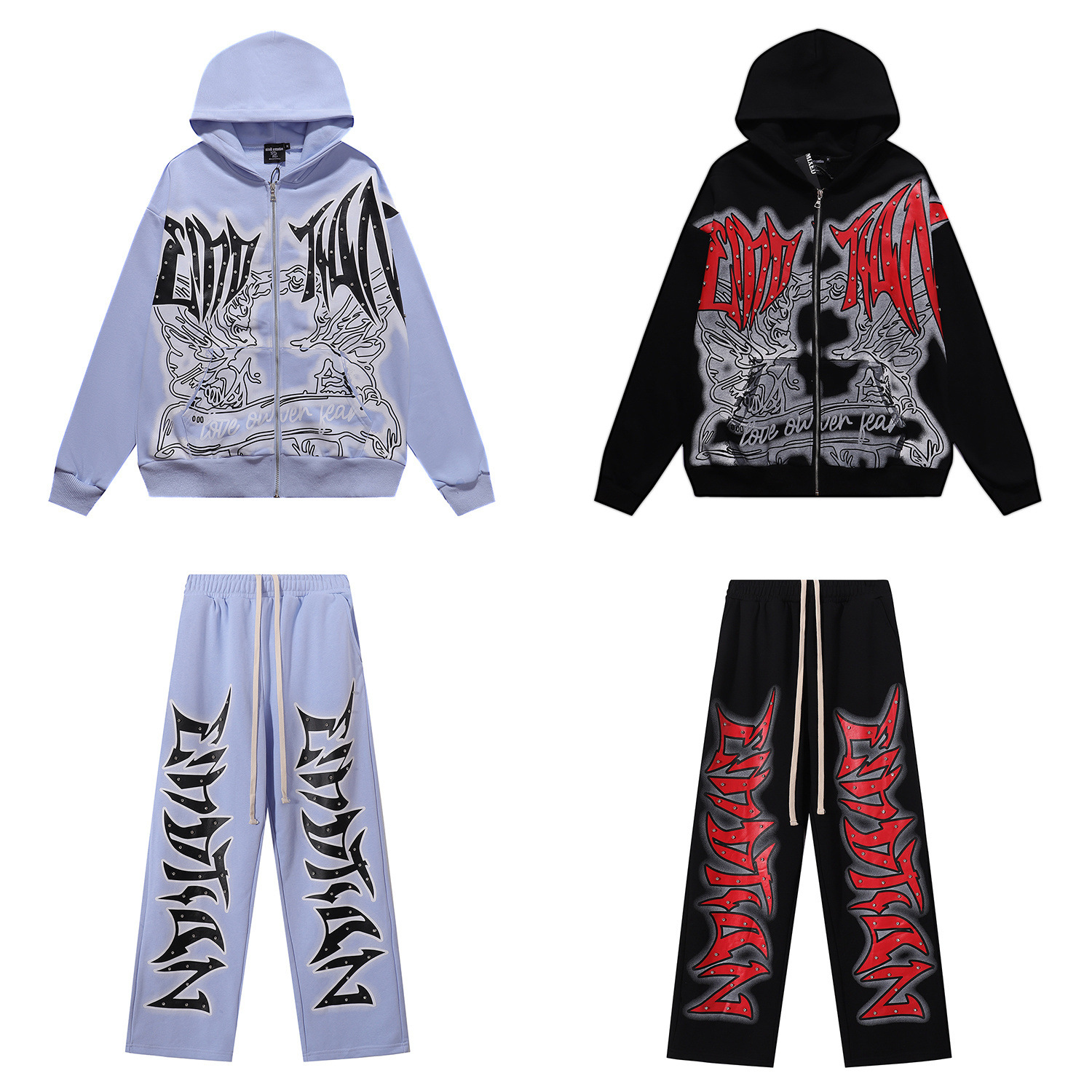 Mixed Emotion Letter Print Rhinestone Embellished Trendy High Street Casual Loose Cardigan Hoodie Ins