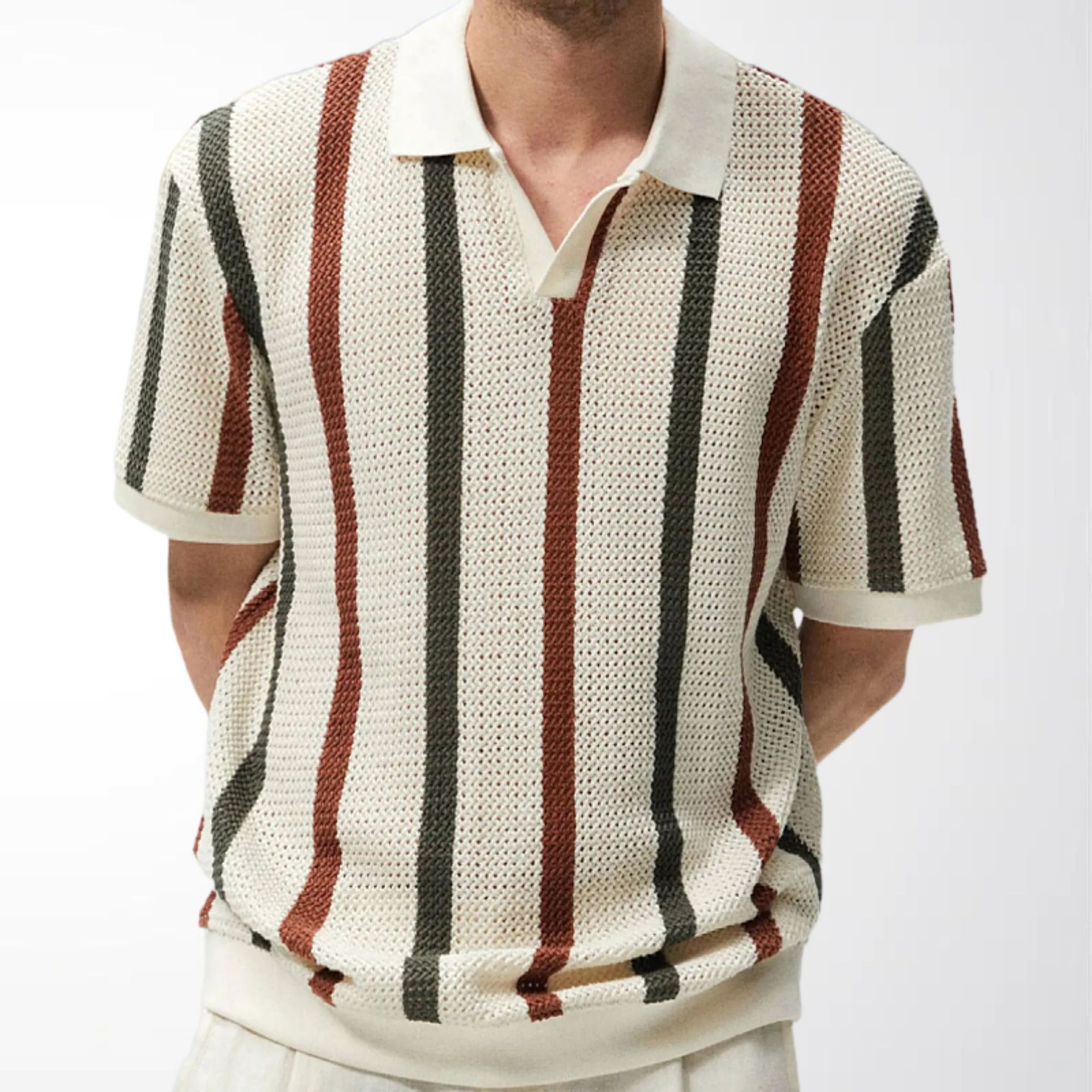 Men's Striped Polo Shirt European and American Style Color-Blocking Loose Hollow-Out Breathable Pullover Knitwear Amazon Men's Clothing Sy0213