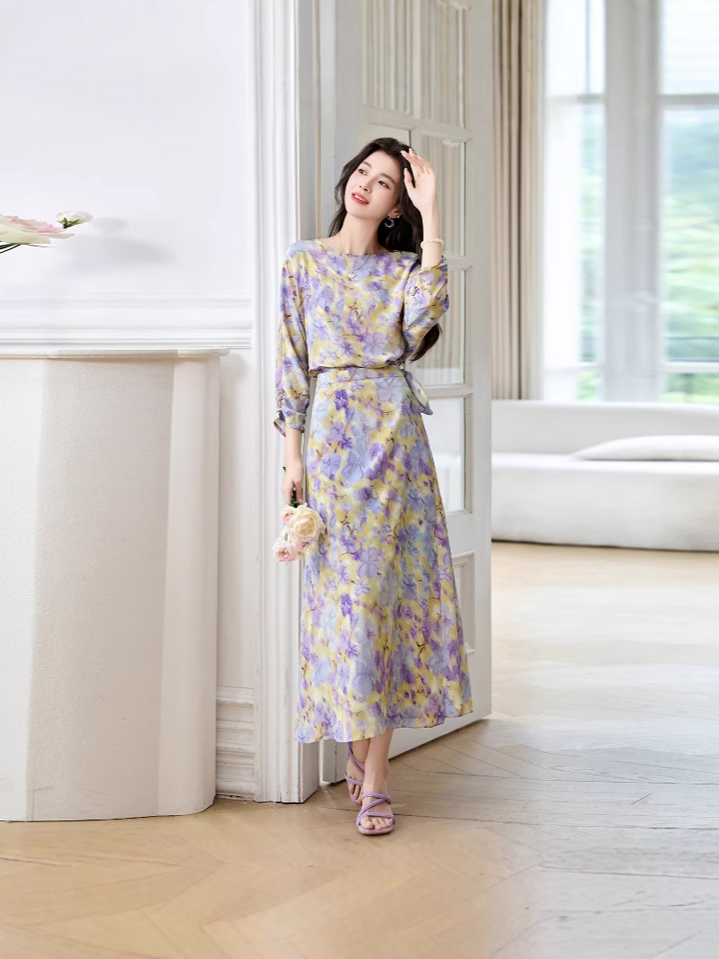 2025 New Summer Fashion Printed Dress Design Lace-Up Small Fresh Simple Mulberry Silk Women's Skirt