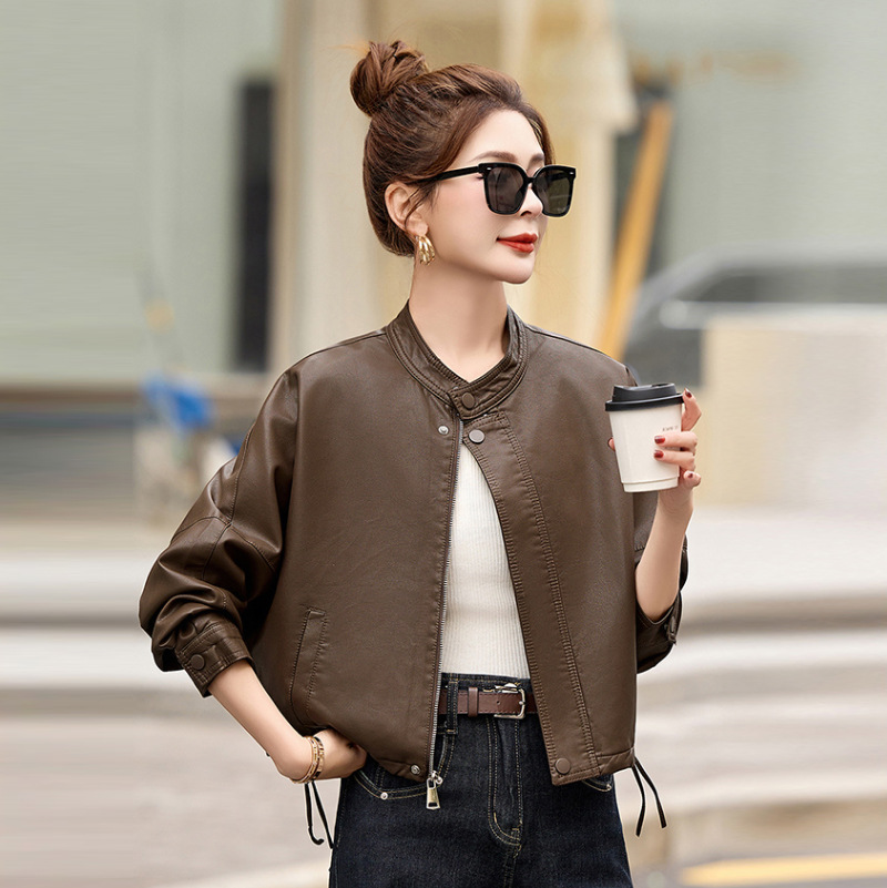 European-Style Design Blue Stand-Collar Leather Jacket for Women 2026 Spring and Autumn New Batwing Sleeve Pu Short Jacket for Petite Sizes