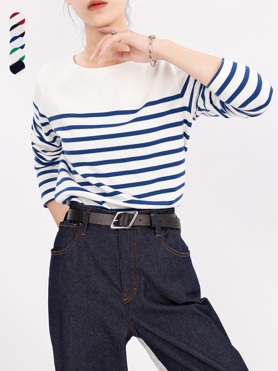 Suchi Cotton Stripesd T-Shirt Women's Classic Sea Soul Shirt Knitted Long-Sleeved T-Shirt Basic Inner Round Neck Work Clothing Top