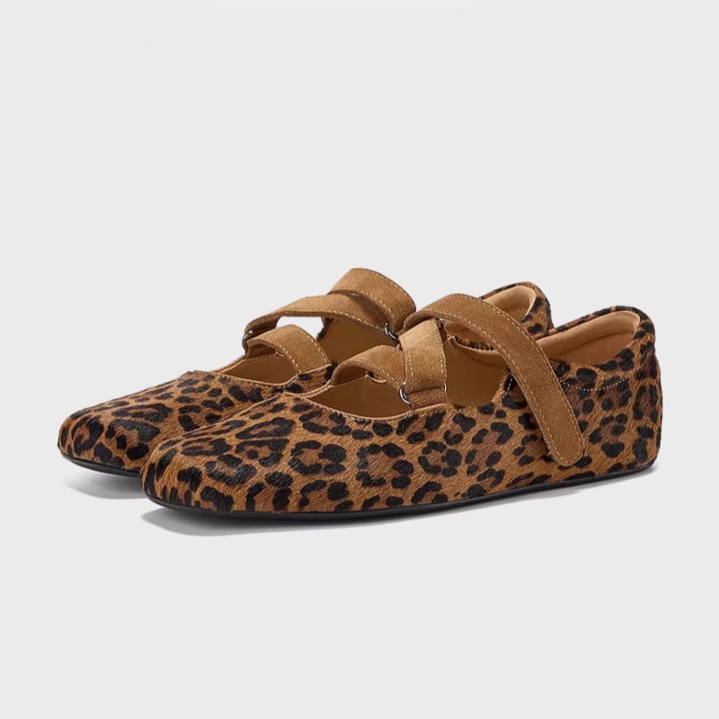 Sheepskin Version~Ballet-Style Stylish Square-Toe Leopard Print Mary Jane Shoes for Women with a Unique Design and Cross-Strap Flat Sole