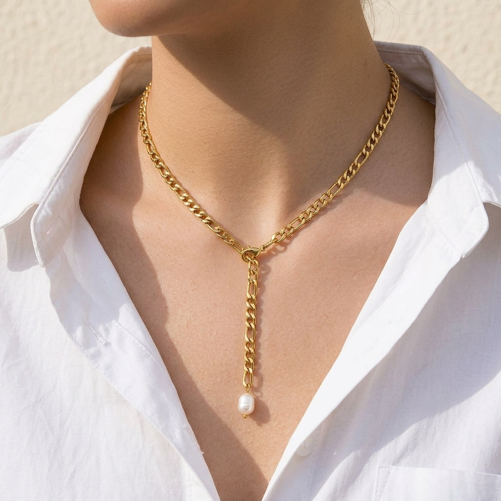 Simple Figaro Chain Natural Freshwater Pearl Chain Y-Shaped Necklace Sweater Chain 18K Gold Jewelry Wholesale