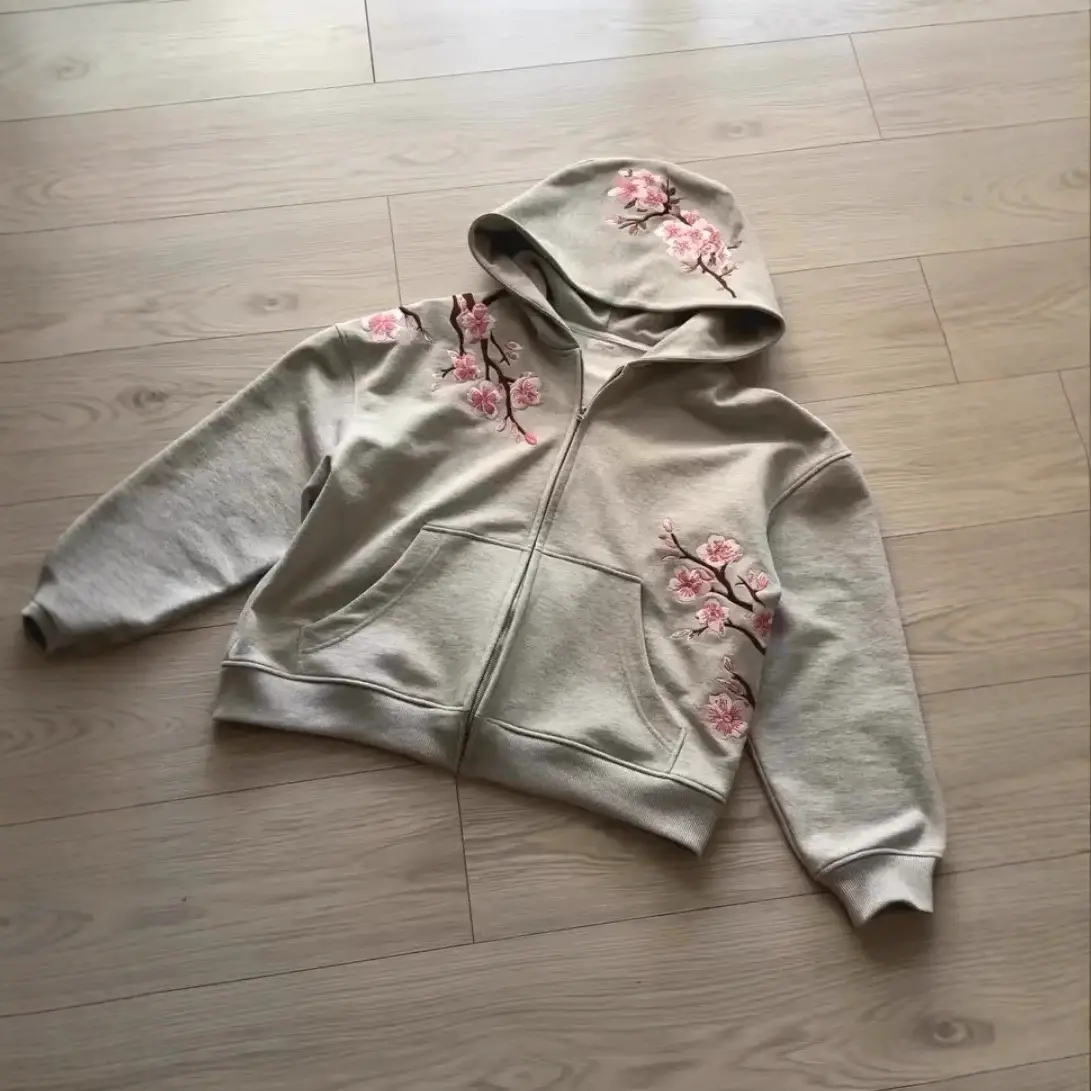 European and American Cross-Border Harajuku Retro Cherry Blossom Embroidery Personalized Street American Trendy Hooded Pullover Sweatshirt Fashion Hoodie